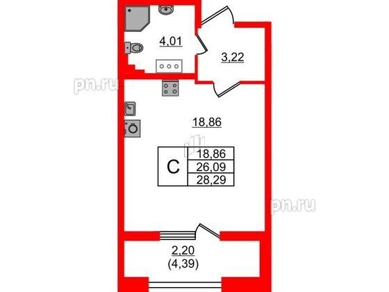 Квартира в ЖК БелАРТ, студия, 28.29 м², 5 этаж