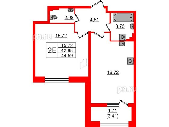 Квартира в ЖК БелАРТ, 1 комнатная, 44.59 м², 2 этаж