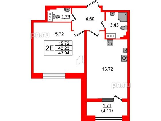 Квартира в ЖК БелАРТ, 1 комнатная, 43.94 м², 4 этаж