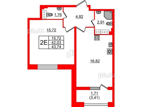 Квартира в ЖК БелАРТ, 1 комнатная, 43.74 м², 13 этаж