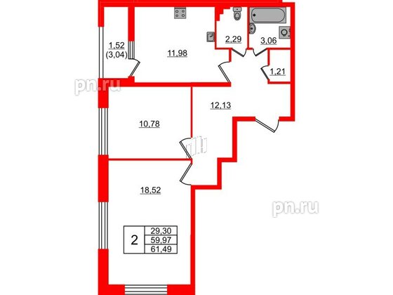 Квартира в ЖК БелАРТ, 2 комнатная, 61.49 м², 2 этаж