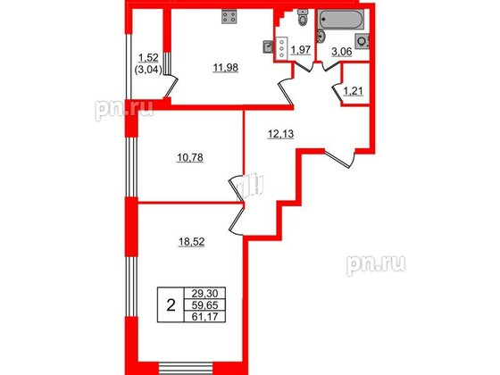 Квартира в ЖК БелАРТ, 2 комнатная, 61.17 м², 3 этаж