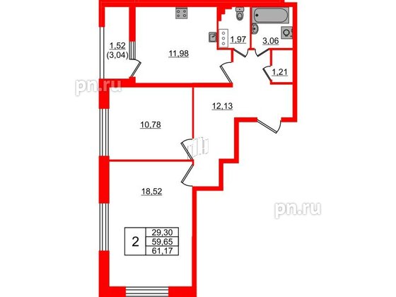 Квартира в ЖК БелАРТ, 2 комнатная, 61.17 м², 5 этаж