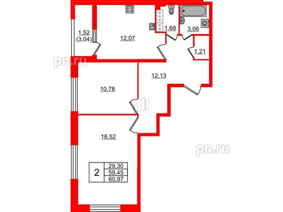 Квартира в ЖК БелАРТ, 2 комнатная, 60.97 м², 12 этаж