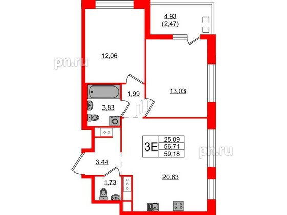 Квартира в ЖК N8, 2 комнатная, 59.18 м², 3 этаж