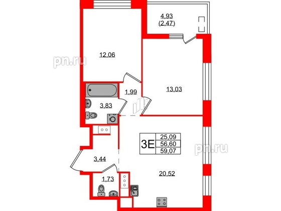 Квартира в ЖК N8, 2 комнатная, 59.07 м², 6 этаж