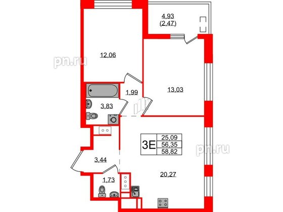 Квартира в ЖК N8, 2 комнатная, 58.82 м², 8 этаж