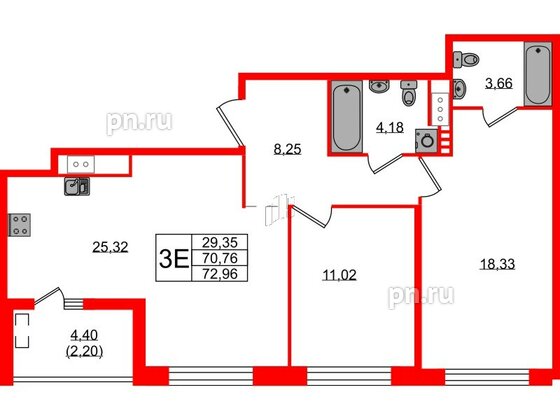 Квартира в ЖК N8, 2 комнатная, 72.96 м², 9 этаж