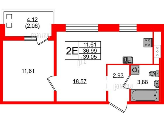 Квартира в ЖК «Новгородская, 8», 1 комнатная, 39.05 м², 7 этаж