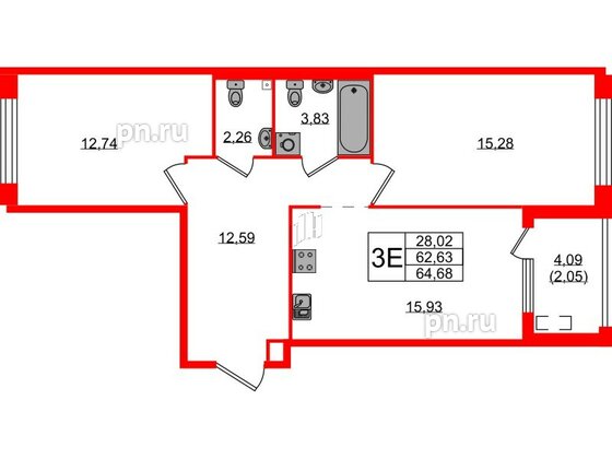 Квартира в ЖК N8, 2 комнатная, 64.68 м², 2 этаж