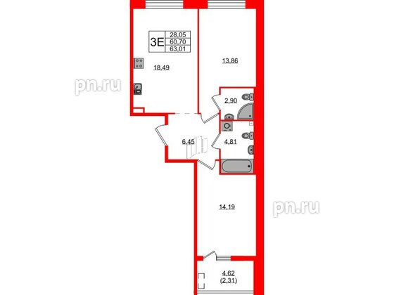 Квартира в ЖК «Новгородская, 8», 2 комнатная, 63.01 м², 2 этаж