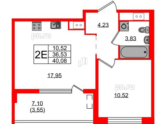 Квартира в ЖК N8, 1 комнатная, 40.08 м², 7 этаж