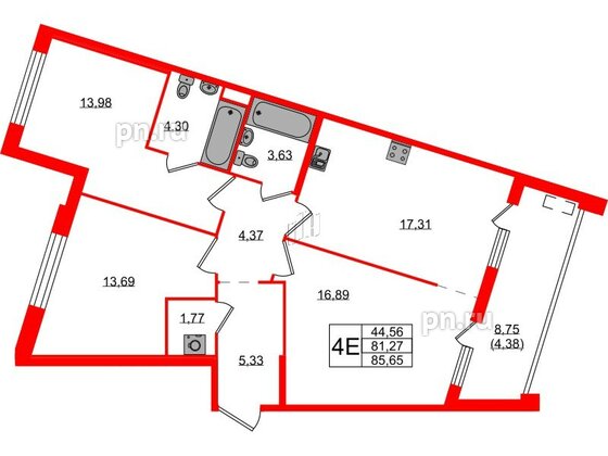 Квартира в ЖК N8, 3 комнатная, 85.65 м², 2 этаж