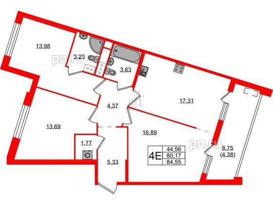 Квартира в ЖК N8, 3 комнатная, 84.55 м², 3 этаж