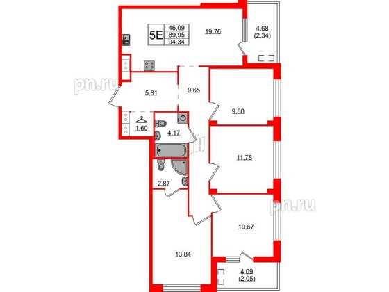 Квартира в ЖК N8, 4 комнатная, 94.34 м², 3 этаж