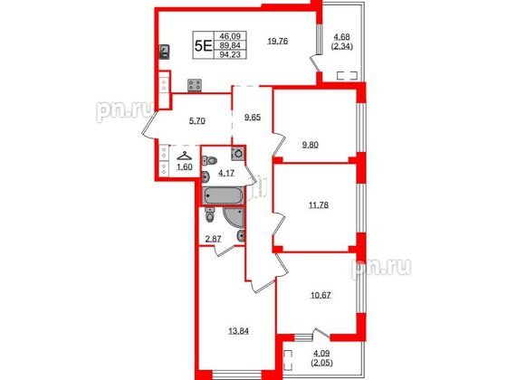 Квартира в ЖК N8, 4 комнатная, 94.23 м², 6 этаж