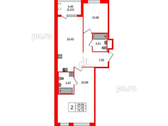 Квартира в ЖК N8, 2 комнатная, 74.15 м², 2 этаж