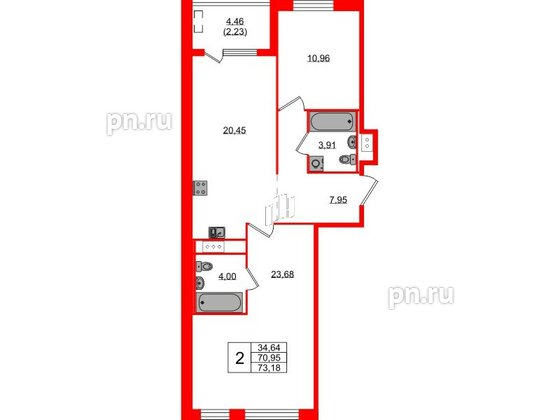 Квартира в ЖК N8, 2 комнатная, 73.18 м², 3 этаж