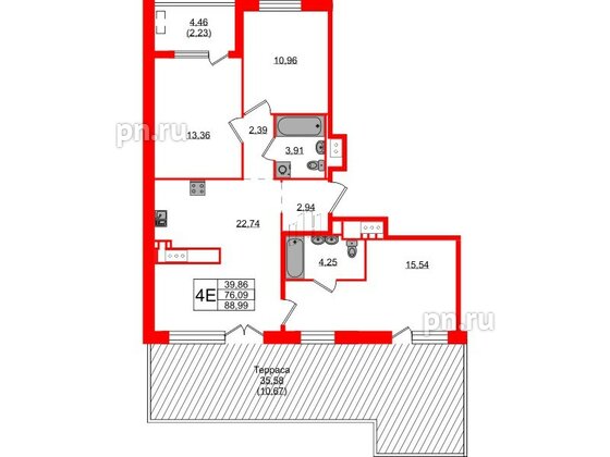 Квартира в ЖК N8, 3 комнатная, 88.99 м², 10 этаж