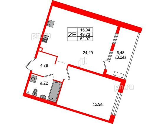 Квартира в ЖК N8, 1 комнатная, 52.97 м², 2 этаж