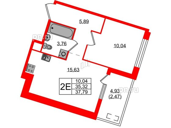 Квартира в ЖК N8, 1 комнатная, 37.79 м², 2 этаж