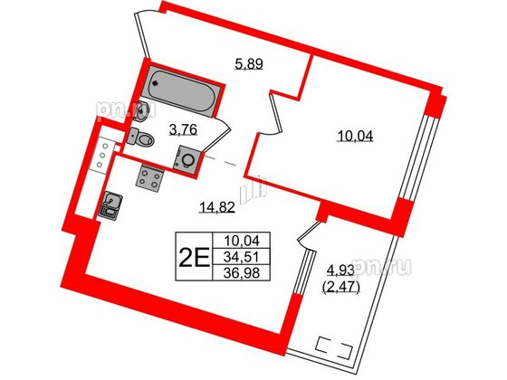 Квартира в ЖК N8, 1 комнатная, 36.98 м², 4 этаж