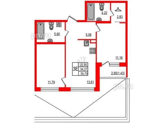 Квартира в ЖК iD Murino III, 2 комнатная, 55.7 м², 2 этаж