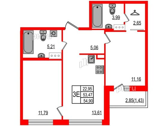 Квартира в ЖК iD Murino III, 2 комнатная, 54.9 м², 5 этаж