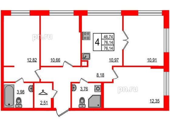 Квартира в ЖК iD Murino III, 4 комнатная, 76.14 м², 2 этаж