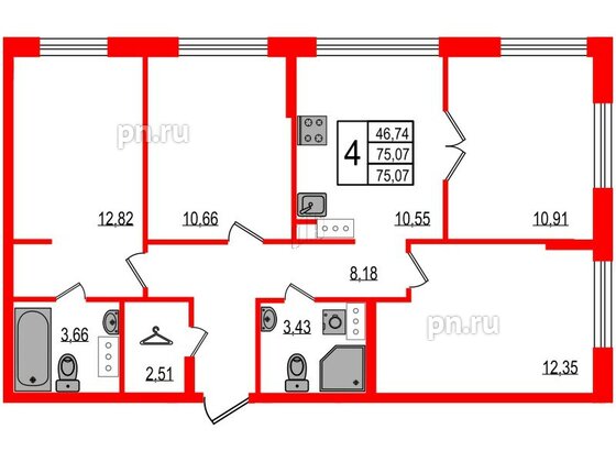 Квартира в ЖК iD Murino III, 4 комнатная, 75.07 м², 3 этаж