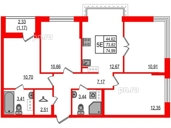 Квартира в ЖК iD Murino III, 4 комнатная, 74.99 м², 4 этаж