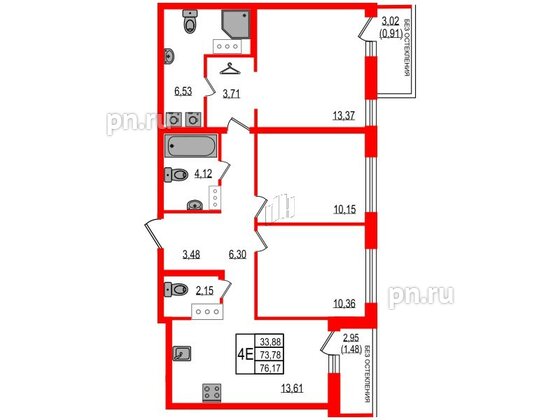 Квартира в ЖК iD Murino III, 3 комнатная, 76.17 м², 12 этаж