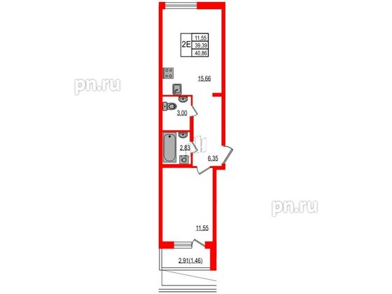 Квартира в ЖК iD Murino III, 1 комнатная, 40.85 м², 2 этаж