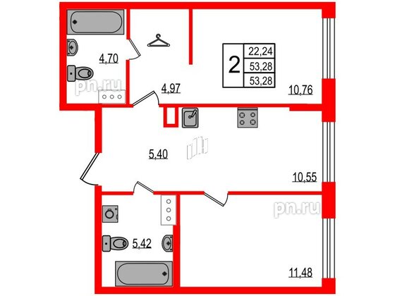 Квартира в ЖК iD Murino III, 2 комнатная, 53.28 м², 3 этаж