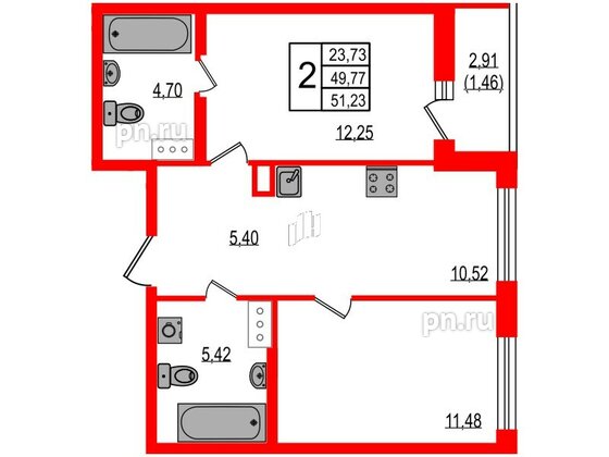 Квартира в ЖК iD Murino III, 2 комнатная, 51.23 м², 4 этаж