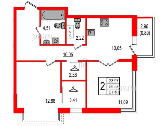 Квартира в ЖК iD Murino III, 2 комнатная, 57.46 м², 6 этаж