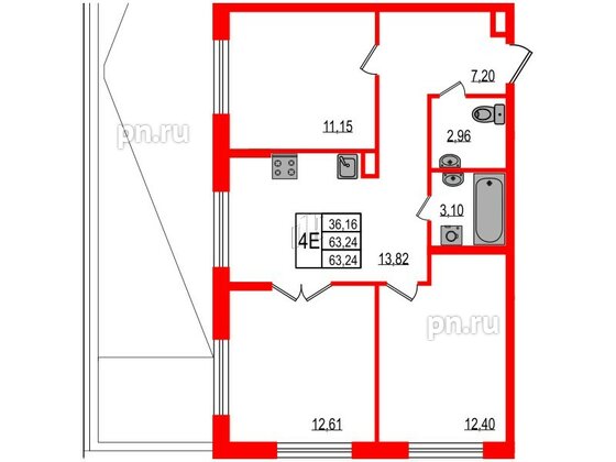 Квартира в ЖК iD Murino III, 3 комнатная, 63.24 м², 2 этаж