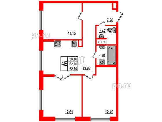 Квартира в ЖК iD Murino III, 3 комнатная, 62.7 м², 3 этаж