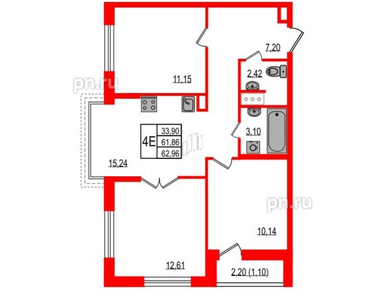 Квартира в ЖК iD Murino III, 3 комнатная, 62.96 м², 5 этаж