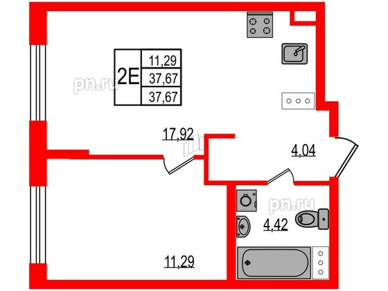 Квартира в ЖК iD Murino III, 1 комнатная, 37.67 м², 3 этаж