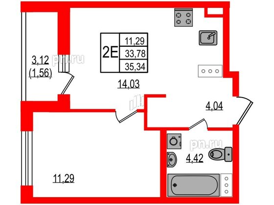 Квартира в ЖК iD Murino III, 1 комнатная, 35.34 м², 4 этаж