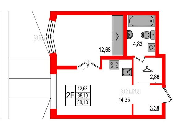 Квартира в ЖК iD Murino III, 1 комнатная, 38.1 м², 2 этаж