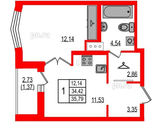 Квартира в ЖК iD Murino III, 1 комнатная, 35.79 м², 4 этаж