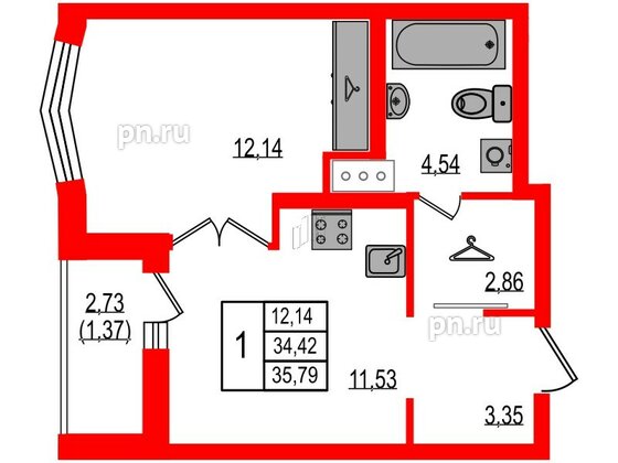 Квартира в ЖК iD Murino III, 1 комнатная, 35.79 м², 5 этаж