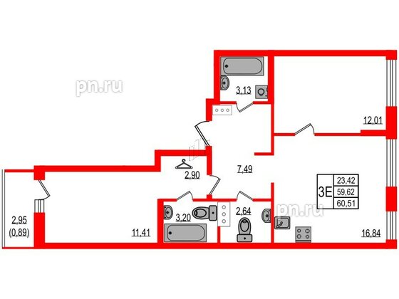 Квартира в ЖК iD Murino III, 2 комнатная, 60.51 м², 4 этаж