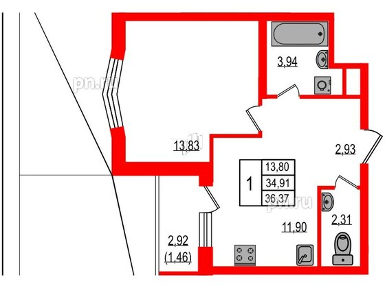 Квартира в ЖК iD Murino III, 1 комнатная, 36.37 м², 2 этаж