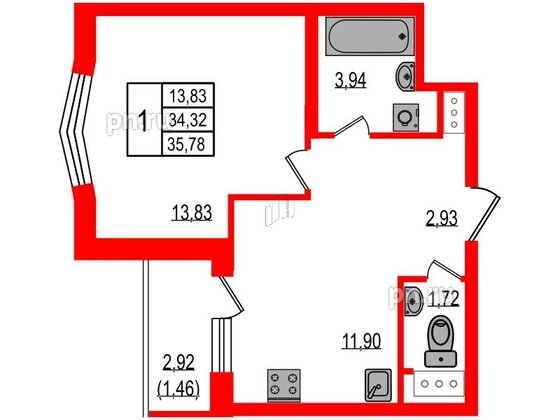 Квартира в ЖК iD Murino III, 1 комнатная, 35.78 м², 3 этаж