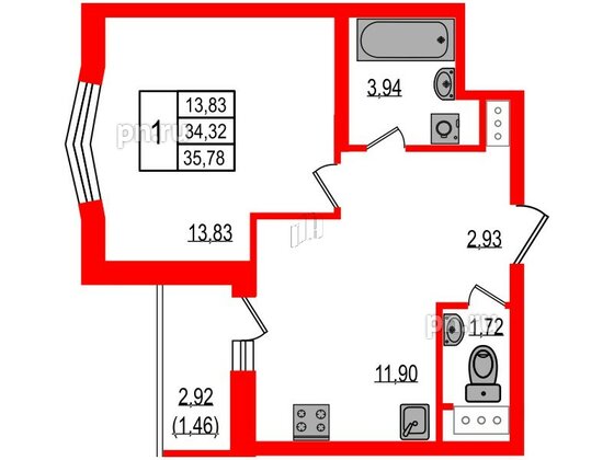 Квартира в ЖК iD Murino III, 1 комнатная, 35.78 м², 4 этаж