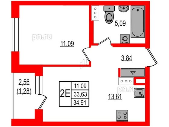 Квартира в ЖК iD Murino III, 1 комнатная, 34.91 м², 6 этаж