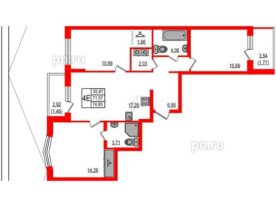 Квартира в ЖК iD Murino III, 3 комнатная, 74.8 м², 2 этаж